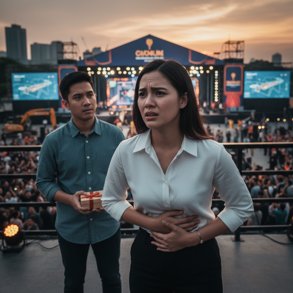 Isang larawan ng isang babaeng nakakaranas ng pisikal na sintomas ng stress habang nakaharap sa isang malaking oportunidad, na may simbolo ng isang mapagmahal na relasyon sa background.