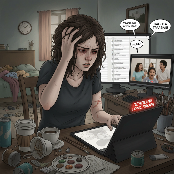Larawan ng isang babaeng artist na nakakaranas ng pisikal na sintomas mula sa stress sa trabaho at pamilya.