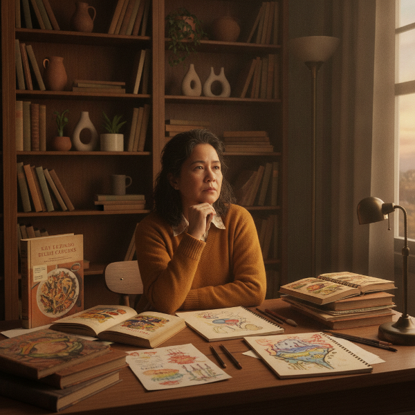 Isang babaeng accountant sa edad 50, nakaupo sa mesa na may mga lumang cookbook at sketch pad, may malalim na pag-iisip sa isang mainit at madilim na silid.