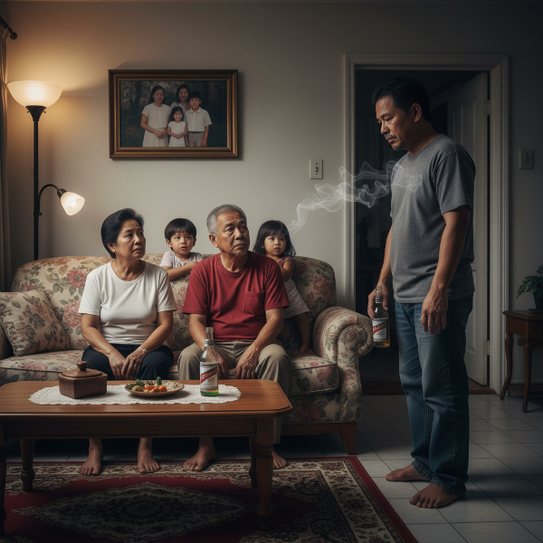 Isang eksena ng isang Pilipinong pamilyang nagdurusa dahil sa pagbabago at agresibong pag-uugali ng kanilang anak na lalaki, na nagdudulot ng stress at pag-aalala sa lahat, lalo na sa mga bata.