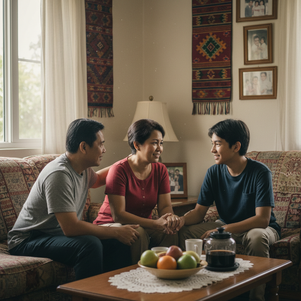 Isang eksena ng isang pamilyang Pilipino na nag-uusap nang mahinahon sa sala, na nagpapakita ng pag-unawa at suporta sa isang tinedyer na anak.
