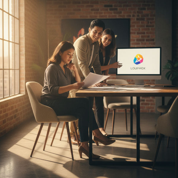 Isang graphic designer na nag-iisip sa isang client meeting, hawak ang kanyang mga sketch, na kumakatawan sa paghahanap ng kumpiyansa at assertiveness.