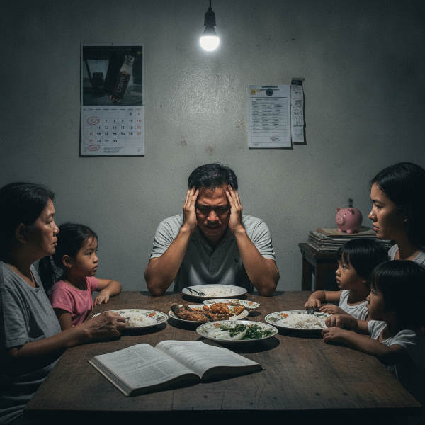 Isang lalaking Pilipino na may edad 39, nakaupo sa hapag-kainan kasama ang pamilya, hawak ang ulo dahil sa sakit, may tensyon sa panga at dibdib, na may simbolo ng pag-aalala sa pera at pag-aaral ng mga anak.