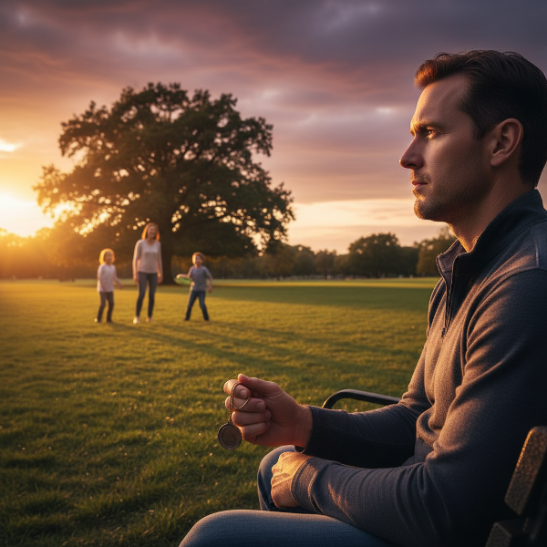 Isang dating atletang lalaki na nag-iisa sa parke, nakatingin sa malayo habang hawak ang kanyang lumang medalya, habang ang kanyang pamilya ay masayang naglalaro sa malayo.