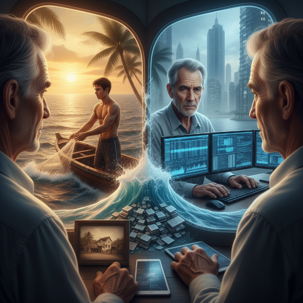 Isang larawan ng isang lalaki sa gitna ng kanyang opisina, nakatingin sa salamin na nagpapakita ng kanyang nakaraang sarili bilang mangingisda, na sumisimbolo sa paghahanap ng balanse sa pagitan ng tagumpay at tunay na pagkatao.