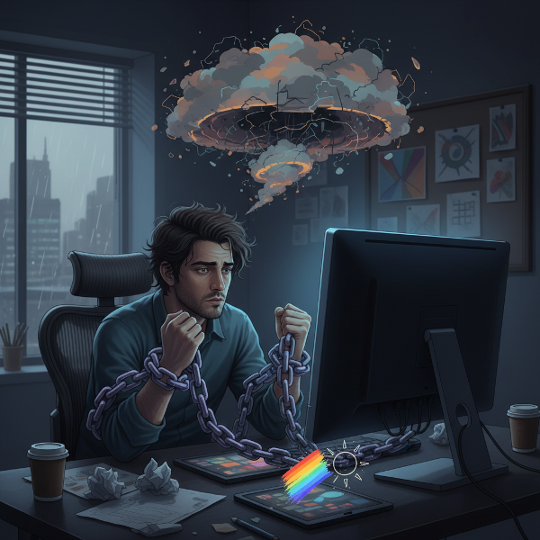 Isang larawan na nagpapakita ng creative paralysis at burnout ng isang freelancer, na may simbolo ng nawawalang sigla at pagdududa sa sarili.