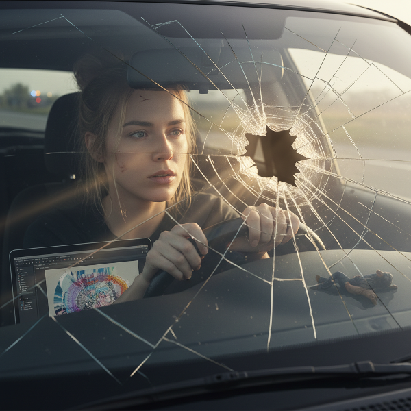 Isang larawan ng isang babaeng graphic designer na nasa loob ng sasakyan, nakatingin sa basag na salamin na sumasalamin sa alaala ng aksidente. May bahagyang liwanag ng pag-asa.