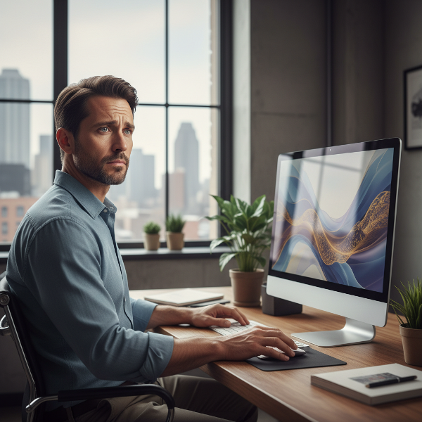 Isang graphic designer sa kanyang opisina na nakakaranas ng existential crisis at naghahanap ng mas malalim na kahulugan sa kanyang matagumpay ngunit walang kasiyahan na karera.