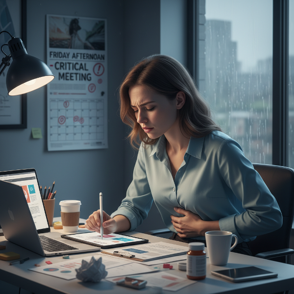 Isang larawan ng isang graphic designer na nakakaranas ng pananakit ng tiyan habang naghahanda para sa isang mahigpit na lingguhang meeting, na nagpapakita ng psychosomatic na reaksyon.