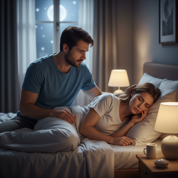 Isang lalaki na nagmamasid sa kanyang asawang babae na tila nagdurusa sa stress o anxiety habang natutulog, na nagpapakita ng pag-aalala at pagmamalasakit.