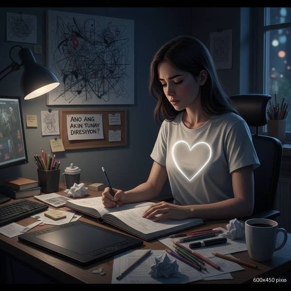 Isang babae na nagdodrowing sa sketchbook sa dilim ng kanyang silid, habang ang kanyang graphic design work ay nakakalat sa paligid, na sumisimbolo sa paghahanap ng tunay na sining sa gitna ng propesyonal na tagumpay.