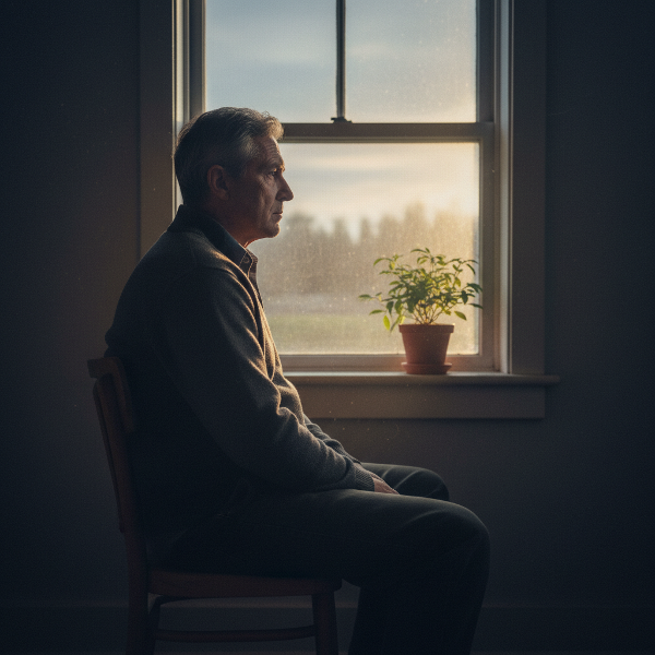 Isang lalaking nasa 40s ang nakaupong mag-isa sa isang madilim na silid, nakatingin sa labas ng bintana na may malayong ekspresyon. Isang mahinang liwanag ng pag-asa ang sumisilip sa bintana, nagbibigay-liwanag sa isang maliit na halaman sa pasamano.