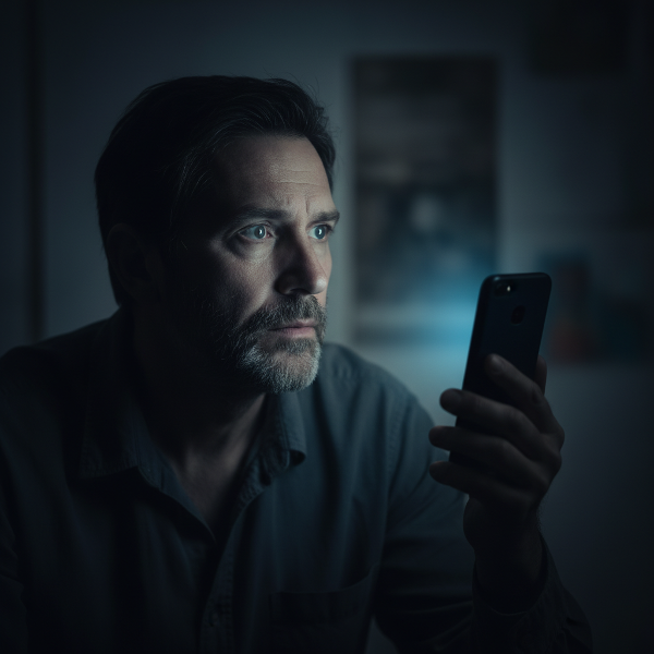 Isang lalaki na nag-iisip nang malalim tungkol sa kanyang relasyon, na kinakatawan ng isang cellphone at emosyonal na pagkalito.