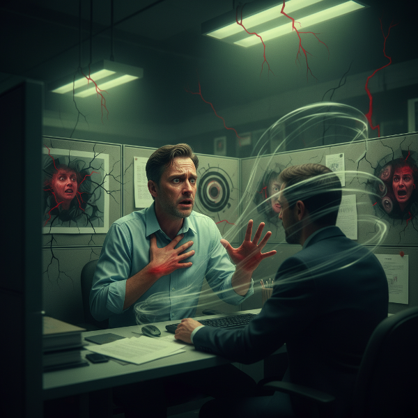 Isang lalaki sa opisina na nakakaranas ng matinding pagkabalisa at panic attack habang nakikipag-usap, na nagpapakita ng mga pisikal na sintomas tulad ng panginginig at pamumula.