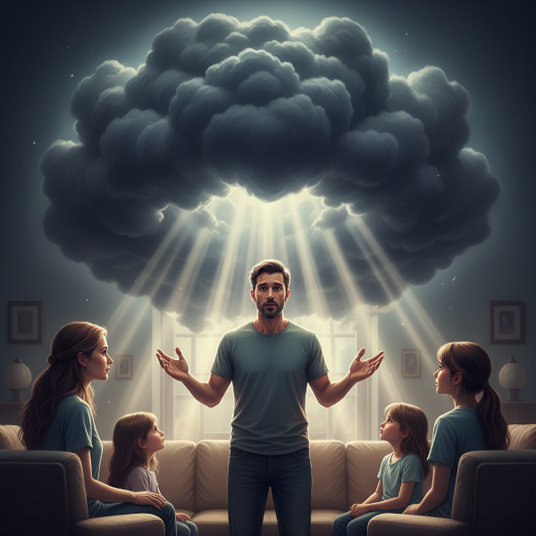 Isang larawan ng isang lalaki na nakikipag-ugnayan sa kanyang pamilya habang hinaharap ang isang ulap ng kalungkutan, na may sinag ng liwanag na nagbibigay ng pag-asa.