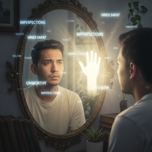 Isang larawan ng isang lalaki na nakaharap sa salamin, kinakatawan ang kanyang pakikibaka sa body image at performance anxiety, habang may simbolo ng liwanag at pag-asa sa kanyang paglalakbay tungo sa pagtanggap sa sarili.