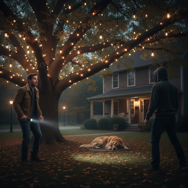 Isang malungkot na eksena ng isang lalaki na nakakaranas ng takot at pagkabalisa sa gabi, na may simbolismo ng banta at pag-asa.