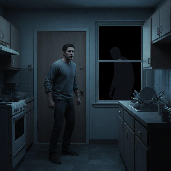 Isang lalaki sa madilim na apartment na nakakaranas ng matinding takot at pagkabalisa tuwing gabi, na may pakiramdam na may nakatingin sa kanya mula sa bintana.