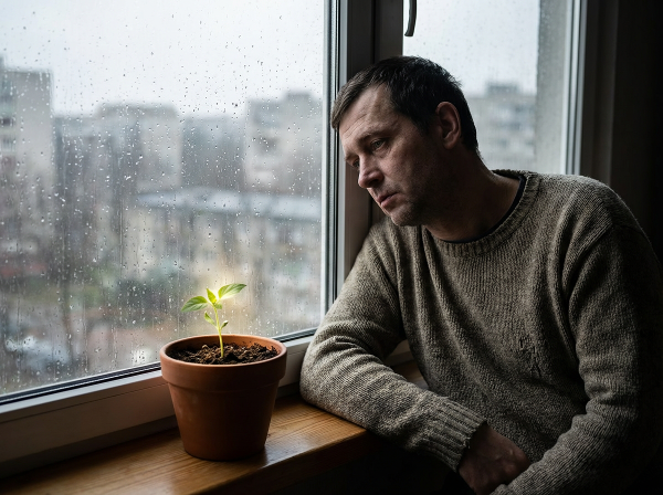 Isang larawan ng isang lalaking nakaharap sa bintana, na sumasalamin sa kanyang pakiramdam ng kawalan ng sigla, ngunit may simbolo ng pag-asa sa pamamagitan ng isang halamang sumisibol.