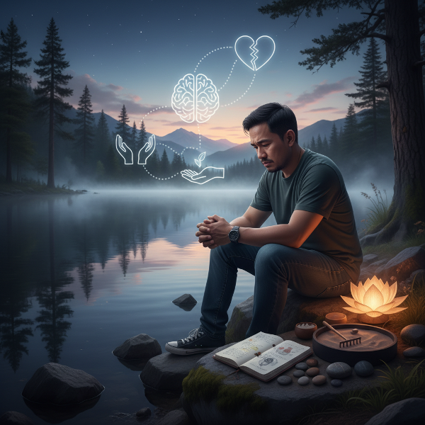 Isang lalaki sa isang tahimik na silid na nagpapakita ng stress at paghahanap ng solusyon sa intimate na hamon, may mga simbolo ng cognitive-behavioral therapy at relaxation.