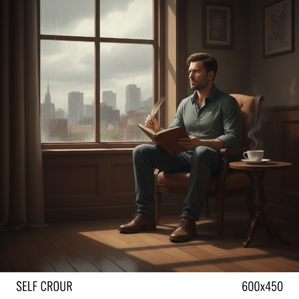 Isang larawan ng isang lalaking nagmumuni-muni habang nagsusulat sa kanyang journal, na sumisimbolo sa paglalakbay tungo sa self-awareness at katatagan ng damdamin.