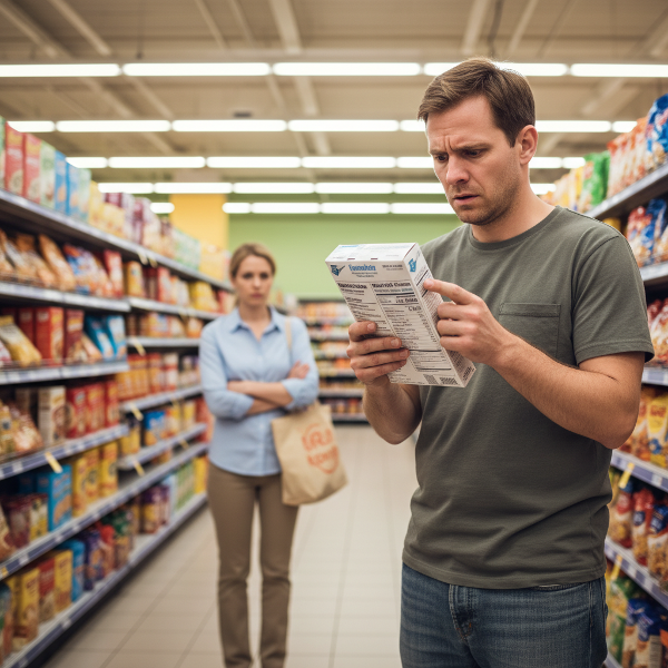 Isang larawan ng isang lalaki na nahihirapan sa kanyang mahigpit na gawi sa pagkain, na nagpapakita ng pagkabalisa at pag-iisa sa isang grocery store.