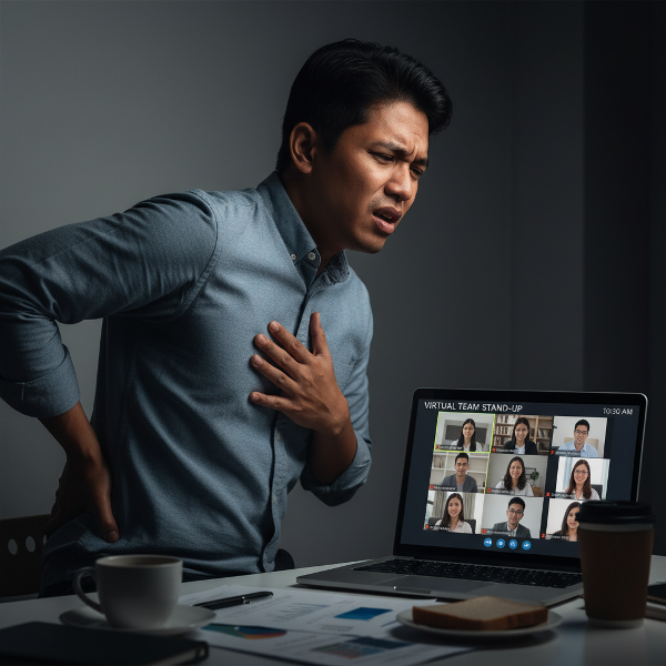 Isang lalaki na nakayuko sa harap ng computer, may nakasandal na bigat sa kanyang balikat, habang nakikita ang mga mukha ng kasamahan sa screen na nagpapakita ng emosyonal na tensiyon.