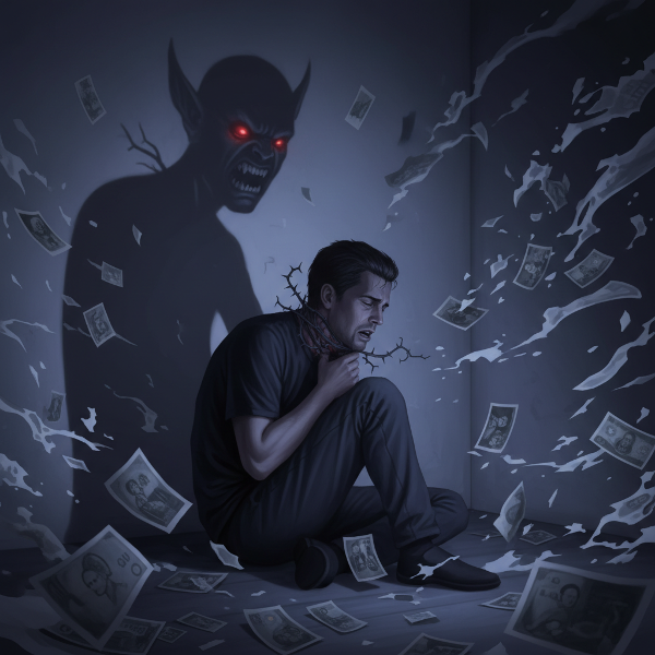 Isang simbolikong larawan ng isang lalaking pinahihirapan ng galit at pagkabigo, na inilalarawan ng tinik sa lalamunan at mga piraso ng alaala.