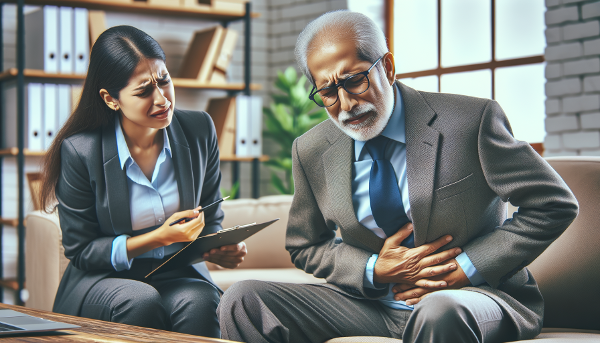 Isang larawan ng isang lalaking may edad na nagdurusa sa pananakit ng tiyan sa harap ng kanyang babaeng boss sa opisina, na nagpapakita ng tensyon at ang koneksyon ng emosyon at pisikal na sintomas.