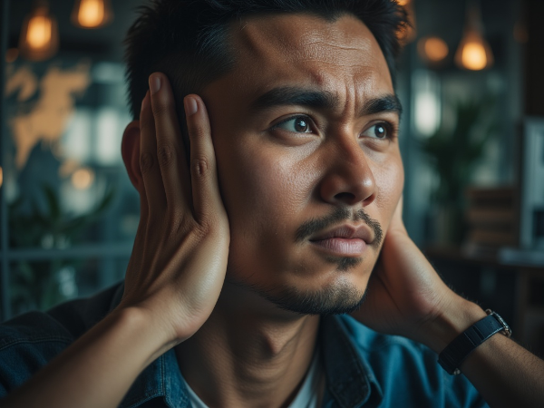 Isang lalaking nalulunod sa stress mula sa trabaho habang sinusubukang makipag-ugnayan sa kanyang partner, na naghahanap ng kapayapaan at balanse.