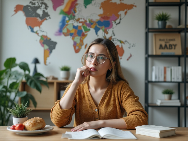 Isang babae na nakakaranas ng stress sa trabaho, sinusubukang pamahalaan ang kanyang emosyon sa pamamagitan ng grounding techniques at malusog na pamumuhay.