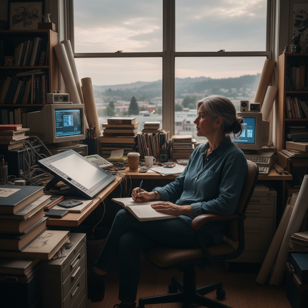 Isang lalaking graphic designer sa kalagitnaan ng buhay, nakaharap sa isang bintana o malayong tanawin, na napapaligiran ng mga simbolo ng kanyang propesyon at pag-aalinlangan, na naghahanap ng liwanag o bagong landas.