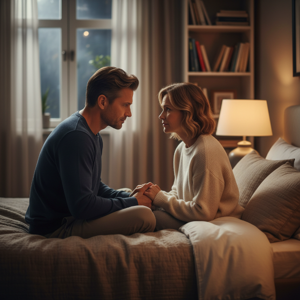 Isang mag-asawa sa kanilang tahanan na naghahanap ng paraan upang maibalik ang kanilang emosyonal at sekswal na koneksyon sa gitna ng pang-araw-araw na stress.