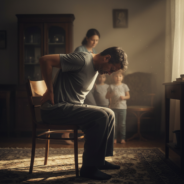 Isang middle-aged na lalaki ang nakakaranas ng pananakit ng likod habang napapalibutan ng tensyon mula sa kanyang pamilya, na nagpapakita ng psychosomatic na koneksyon sa pagitan ng stress at pisikal na sakit.