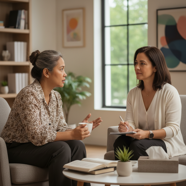 Isang middle-aged na guro na nakikipag-usap sa isang psychologist tungkol sa stress management at work-life balance.