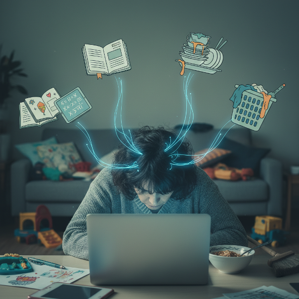 Isang larawan na nagpapakita ng psychosomatic na koneksyon sa pagitan ng stress mula sa mga responsibilidad sa pag-aaral ng mga anak at ang pisikal na pananakit ng ulo at likod ng isang ina.