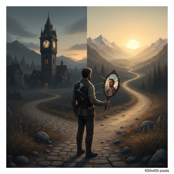 Isang lalaki sa gitna ng kalsada, nakatingin sa dalawang landas na naglalarawan ng takot sa pagtanda at pag-asa sa bagong simula. Ang kanyang anino sa basag na salamin ay may nawawalang bahagi.