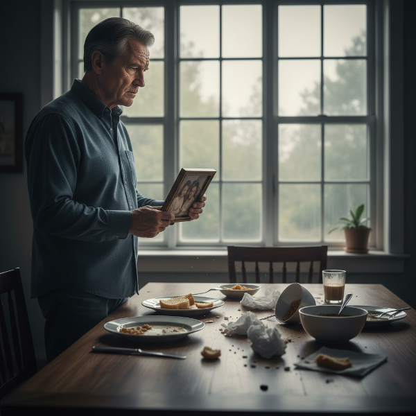 Isang middle-aged na lalaki na nagmumuni-muni sa kanyang relasyon at personal na hamon, na nakapaligid ng mga senyales ng emosyonal na pagkain.