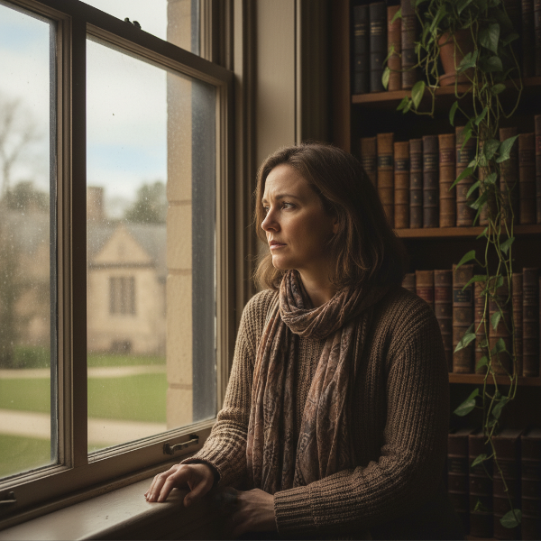 Isang guro sa gitna ng kanyang silid, nakatingin sa malayo habang iniisip ang kahulugan ng kanyang buhay at gawain, na napapalibutan ng mga simbolo ng kanyang dating hilig.