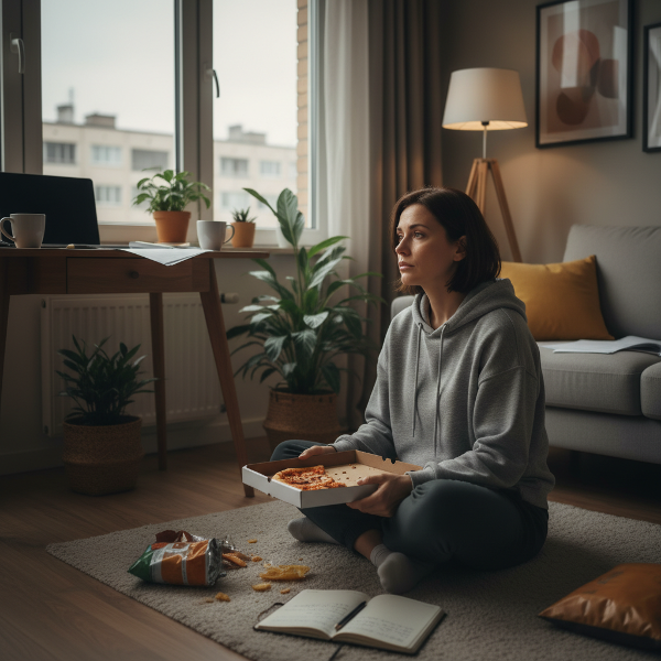 Isang larawan ng isang nasa katanghaliang-gulang na propesyonal na nagmumuni-muni, na kumakatawan sa paghahanap ng kahulugan at pagpapahalaga sa sarili sa gitna ng burnout at emosyonal na pagkain.