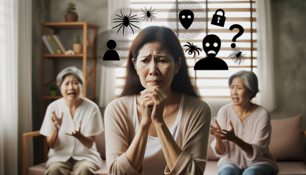 Isang larawan ng isang babaeng may edad na nakakaranas ng emosyonal na pagsubok, na napapaligiran ng mga simbolo ng pagkabalisa at ginhawa.