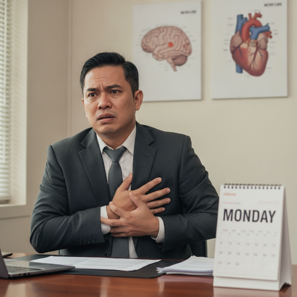 Lalaking manager na may sakit sa dibdib tuwing Lunes, normal ang resulta ng puso, stress ang dahilan.