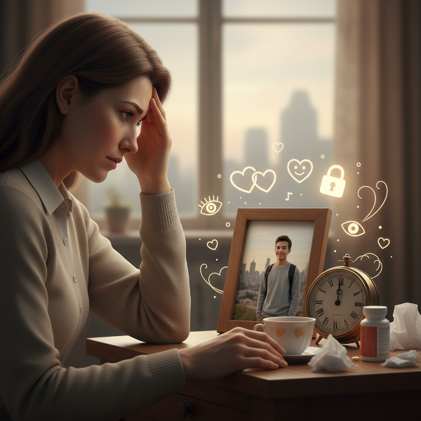 Isang larawan ng isang ina na nakakaranas ng psychosomatic na sakit ng ulo tuwing Sabado, na nauugnay sa kanyang pag-aalala sa kanyang lumalaking anak na nasa malayo.