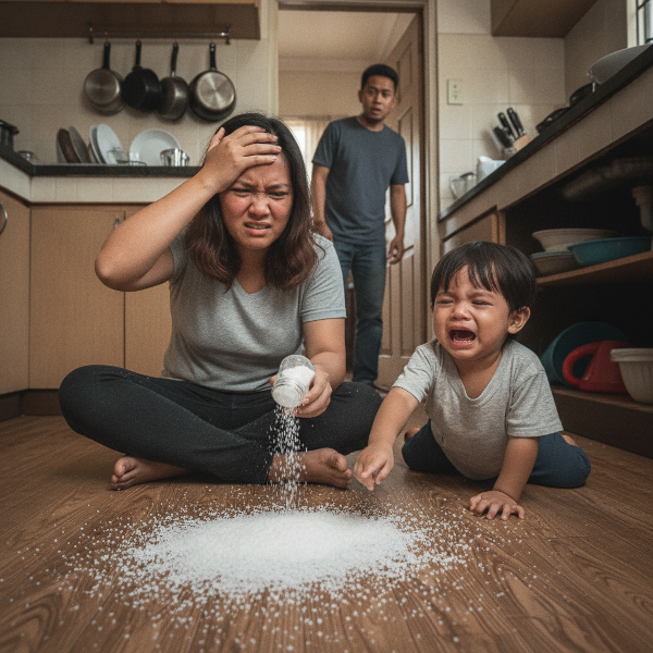 Larawan ng isang ina na biglang nagalit sa simpleng pagkakamali sa kusina, kasama ang kanyang pamilya.