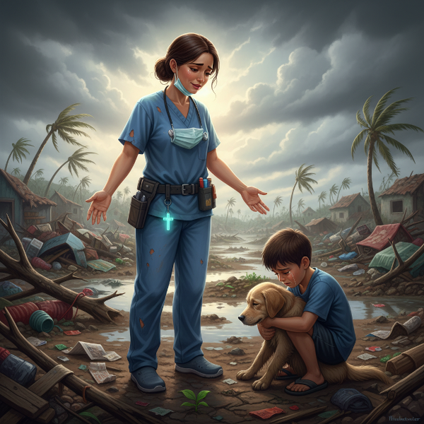 Isang makabuluhang larawan ng isang nurse na nakaranas ng trauma mula sa isang medical mission, na nagpapakita ng kanyang pakikipag-ugnayan sa isang batang lalaki at ang kanyang patay na aso sa gitna ng isang lugar na sinalanta ng bagyo.