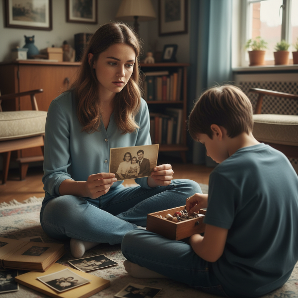 Isang tinedyer na babae na nag-aalaga sa kanyang nakababatang kapatid na lalaki na may emosyonal na paghihirap, na nagpapakita ng pagmamahal at pag-unawa sa isang tahimik na kuwarto.