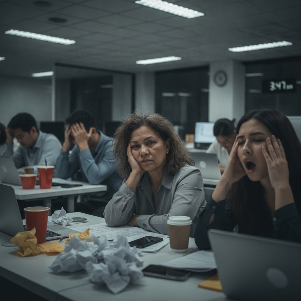 Isang babaeng propesyonal na may marka ng pag-aalala at kawalan ng katiyakan sa bagong trabaho