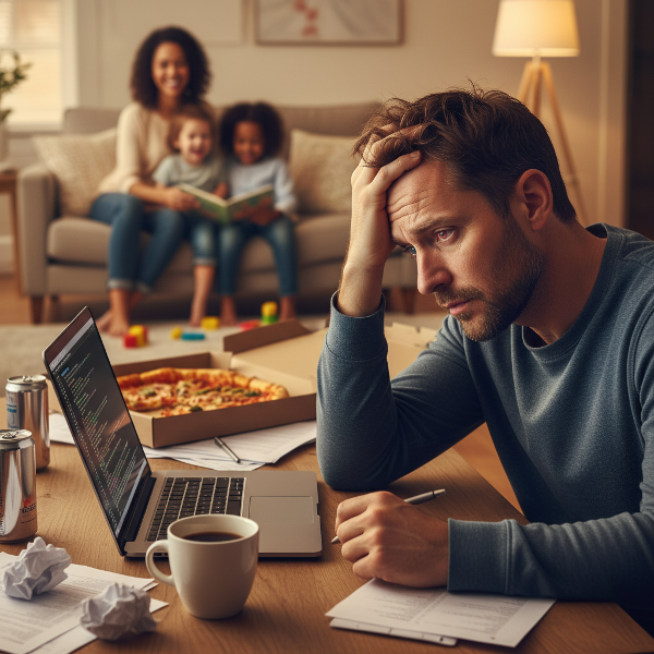 Isang lalaki sa kanyang tatlumpu't dalawang taong gulang na nakaharap sa stress mula sa labis na pag-inom ng kape at workaholic na gawi, na nagpapakita ng pag-aalala sa kalusugan at relasyon.