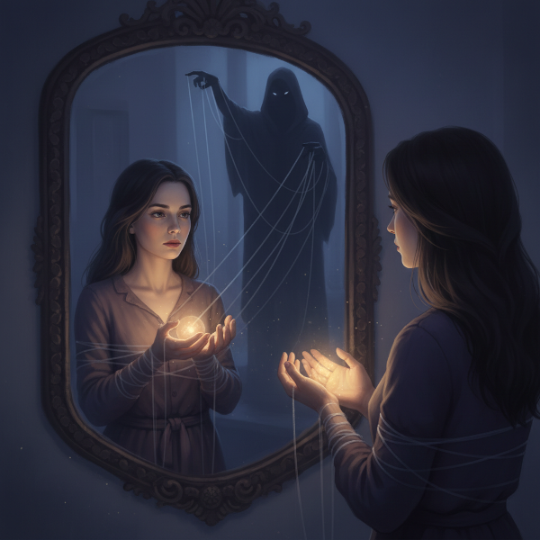 Isang babae ang nakatingin sa kanyang repleksyon sa salamin, nakatali ng mga hindi nakikitang tali na hawak ng isang aninong pigura. May hawak siyang maliit na nagliliwanag na ilaw. Malambot at malungkot na ilaw.