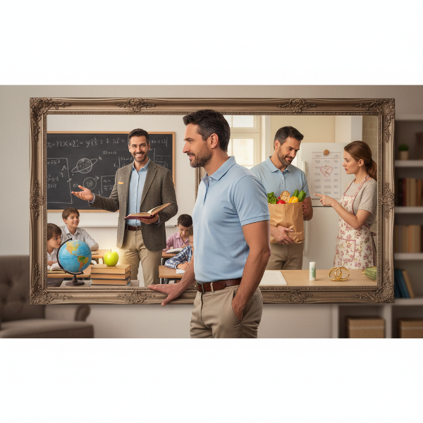 Isang lalaking guro na nakatingin sa salamin na nagpapakita ng dalawang persona: isang tiwala sa klase at isang sumusunod sa bahay, may mga simbolo ng pagtuturo at pagsasama.